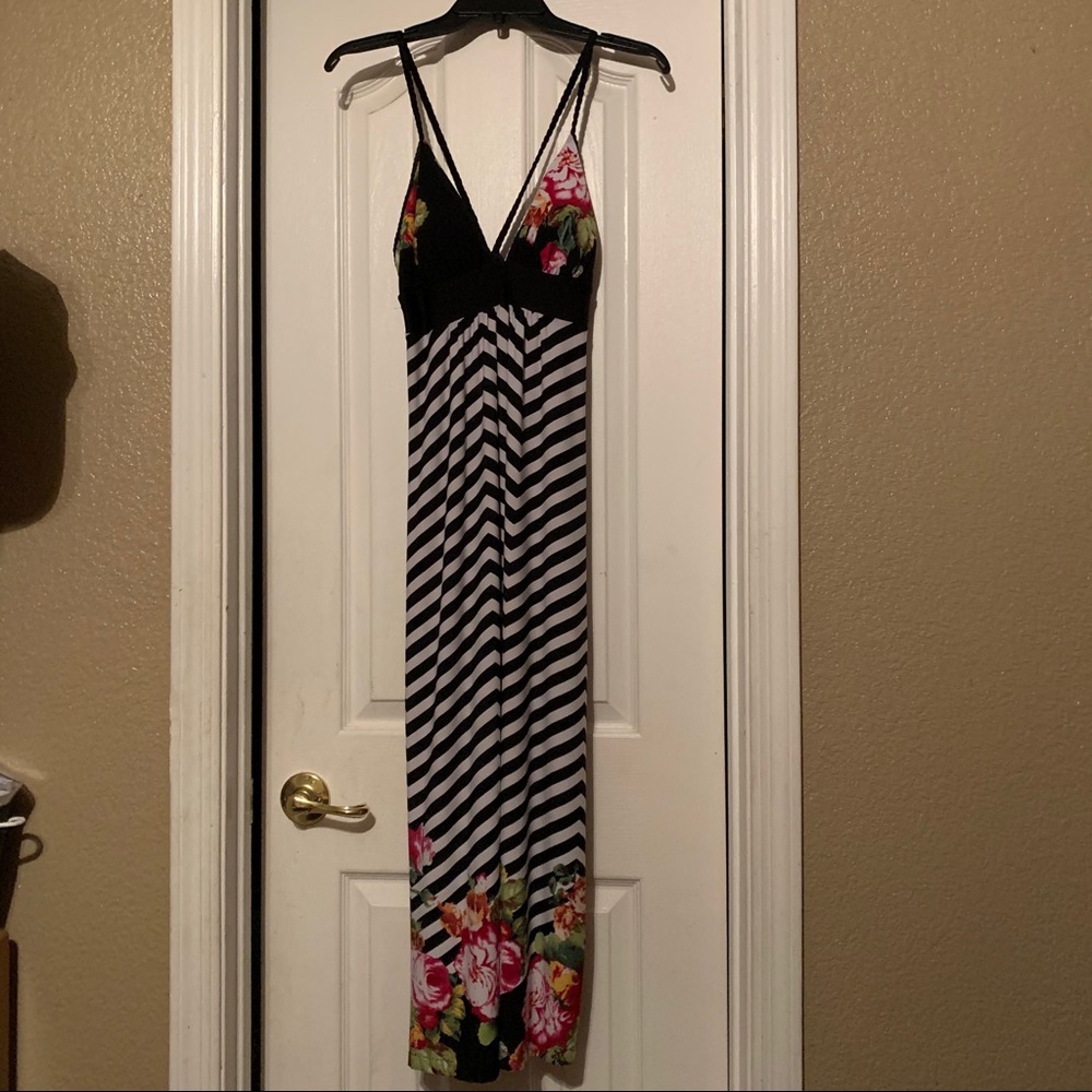 Striped Maxi Dress With Flower Pattern